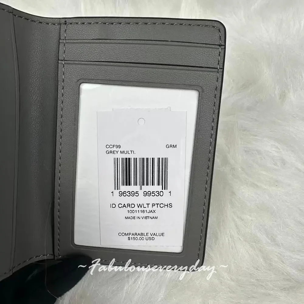 Coach Id Card Wallet In Signature Canvas With Patches/Grey Multi CCF99 NWT